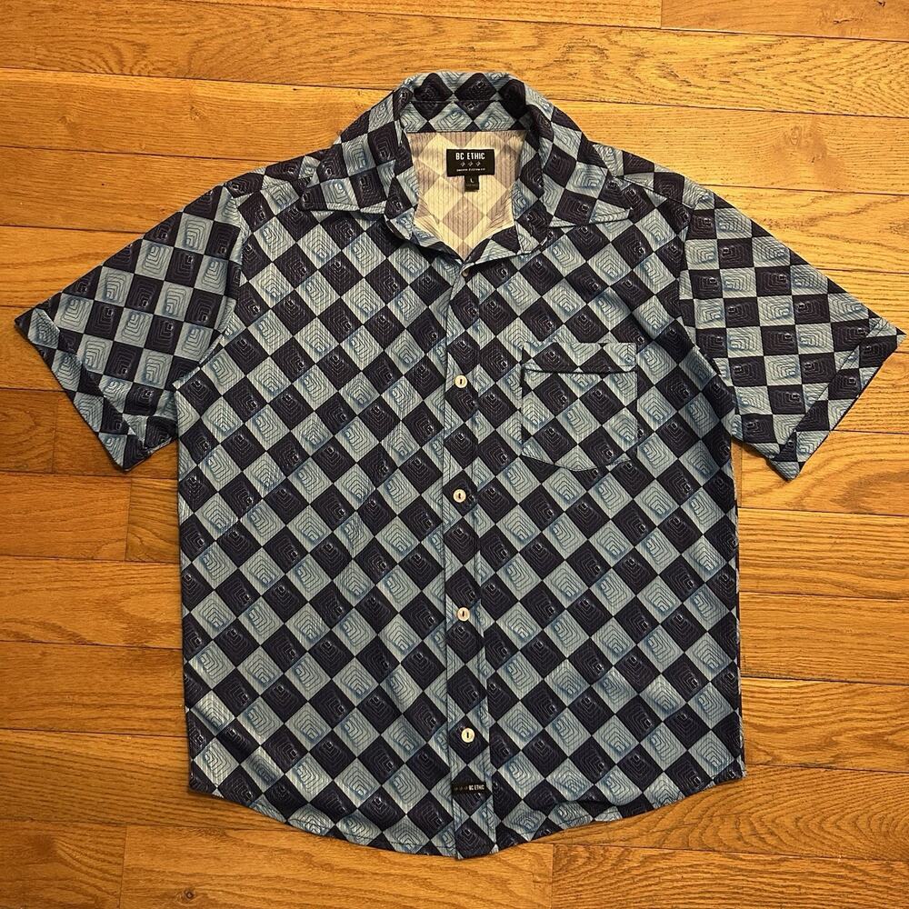 Vintage BC Ethic Checkered Diamond Bowling Short Sleeve Button Up Shirt Large
